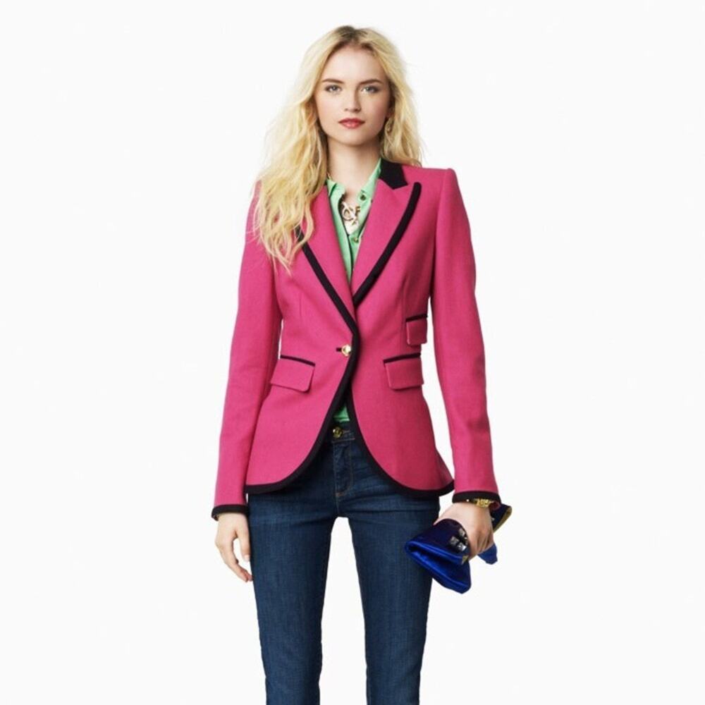 Juicy Couture Pink Navy Wool Blend Blazer Jacket One Button Peak Collar 4 S